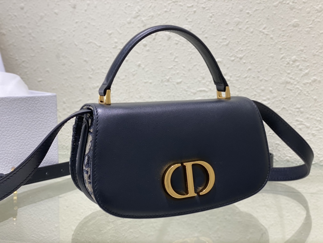 Small 30 Montaigne Avenue Top Handle Bag Blue Dior Oblique Jacquard and Ribbed Calfskin